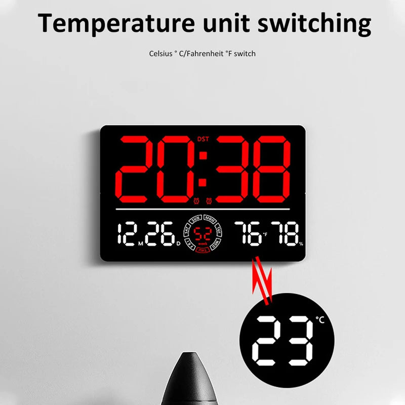 Large Digital Wall Clock 10 Brightness Adjustment Dual Alarm LED Clocks Week+Number of Weeks Alarm Clock with Timing Function